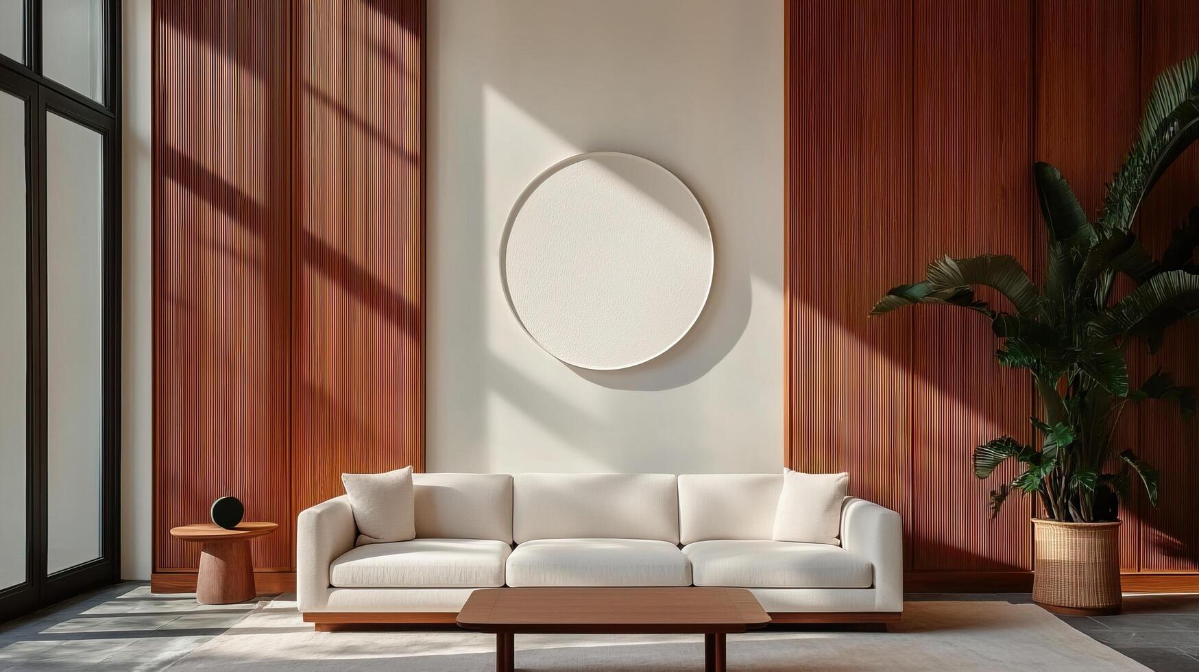 A modern, minimalist living room featuring a white sofa, wooden accents, and a round wall art piece, creating a serene and stylish atmosphere. photo