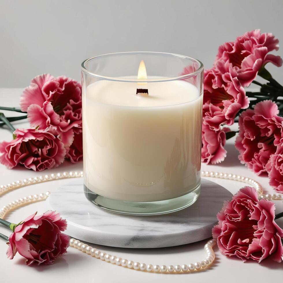 A serene arrangement featuring a lit candle surrounded by pink carnations and pearls, creating an inviting, tranquil atmosphere. photo