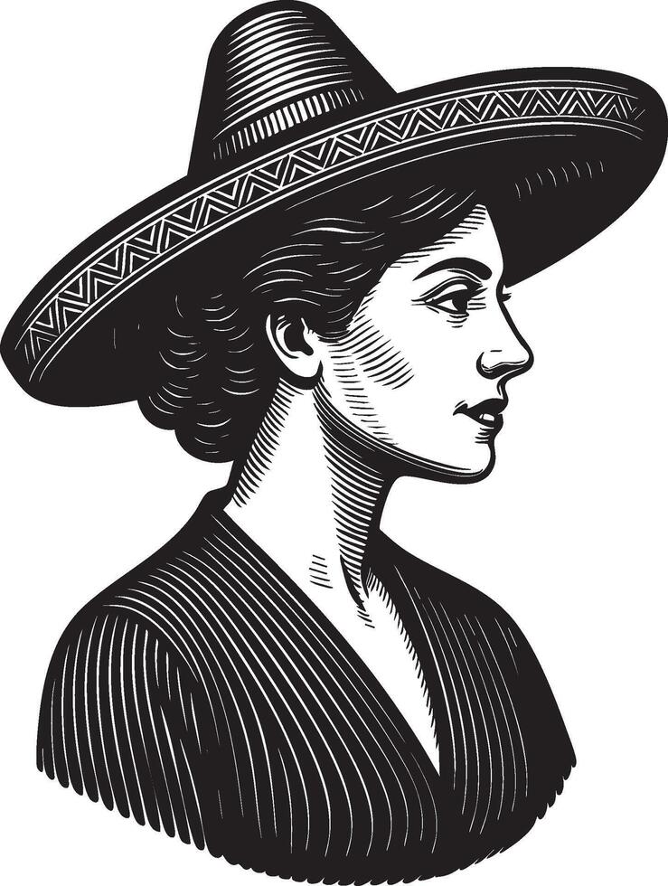 Vintage Woodcut Style Portrait of a Mexican Woman Wearing Sombrero vector