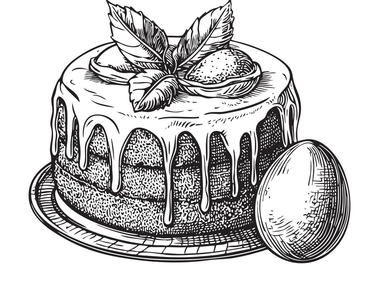 A drawing of a cake with icing and a green leaf vector