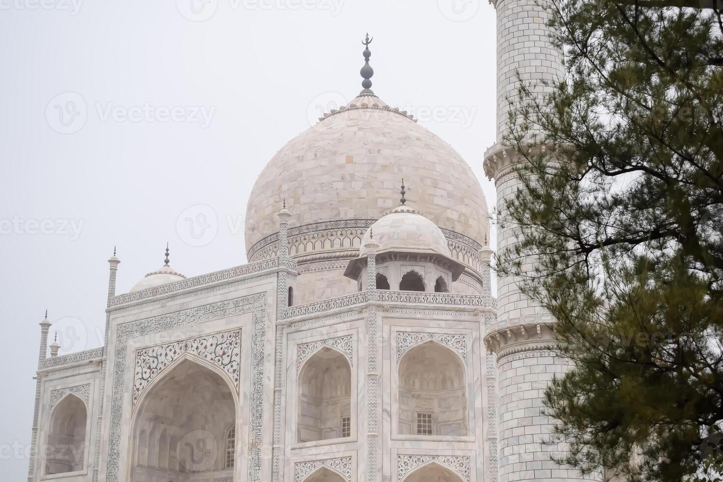 The taj mahal is a white building with two domes photo