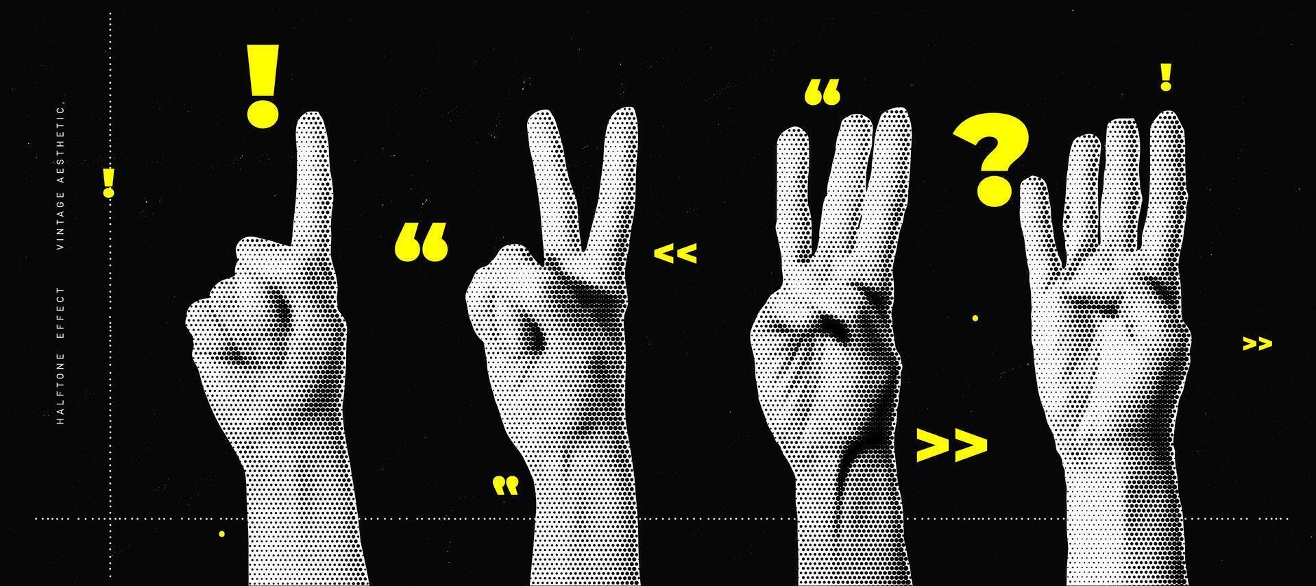 Halftone Effect Illustration of Four Hands Showing Different Finger Gestures in Vintage Pop Art Style vector