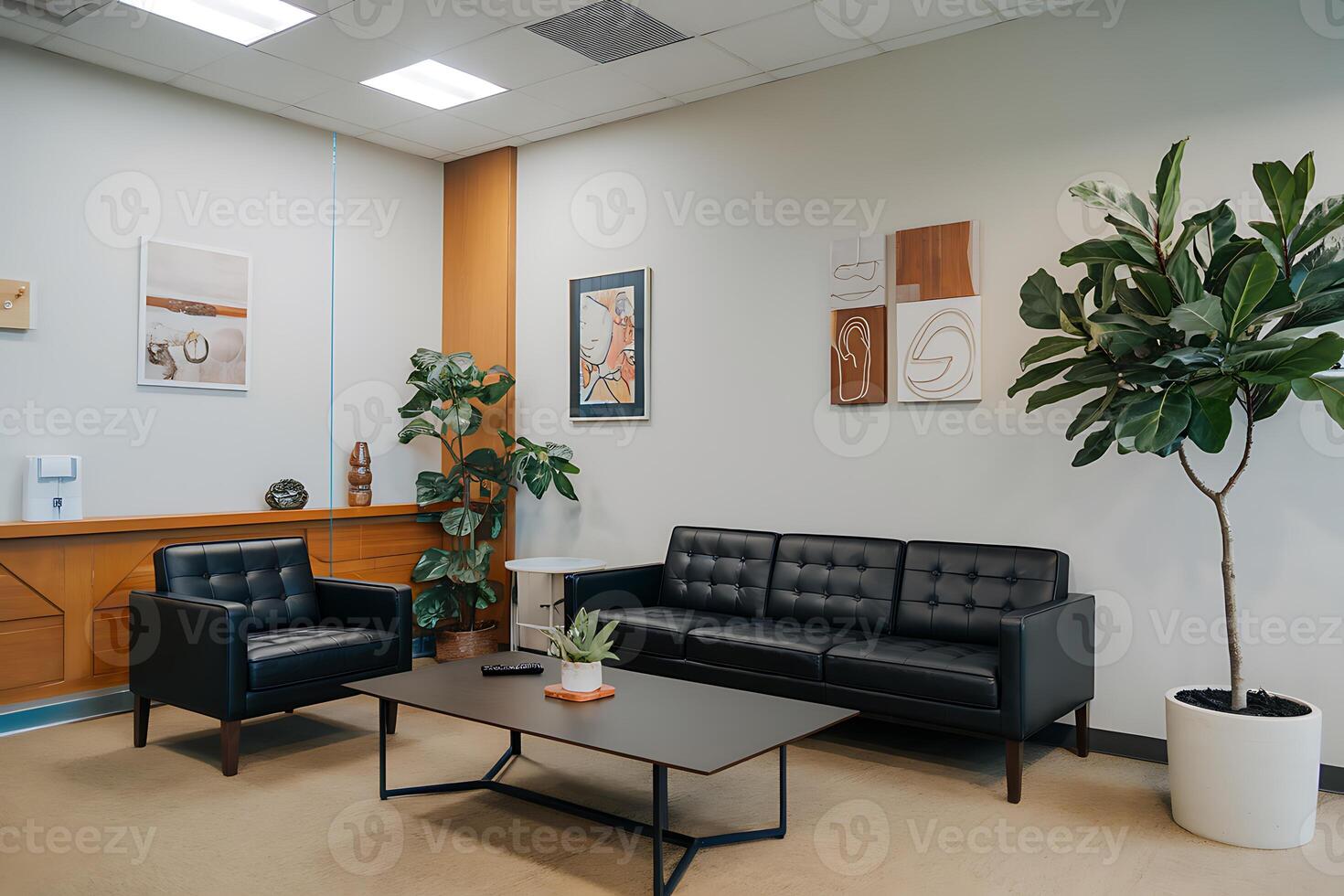 A waiting room with a couch, a table, and a plant photo