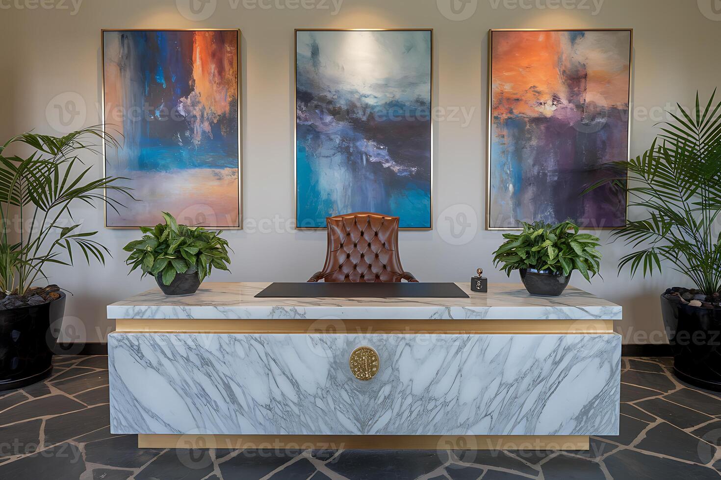 A marble desk with two paintings on it photo