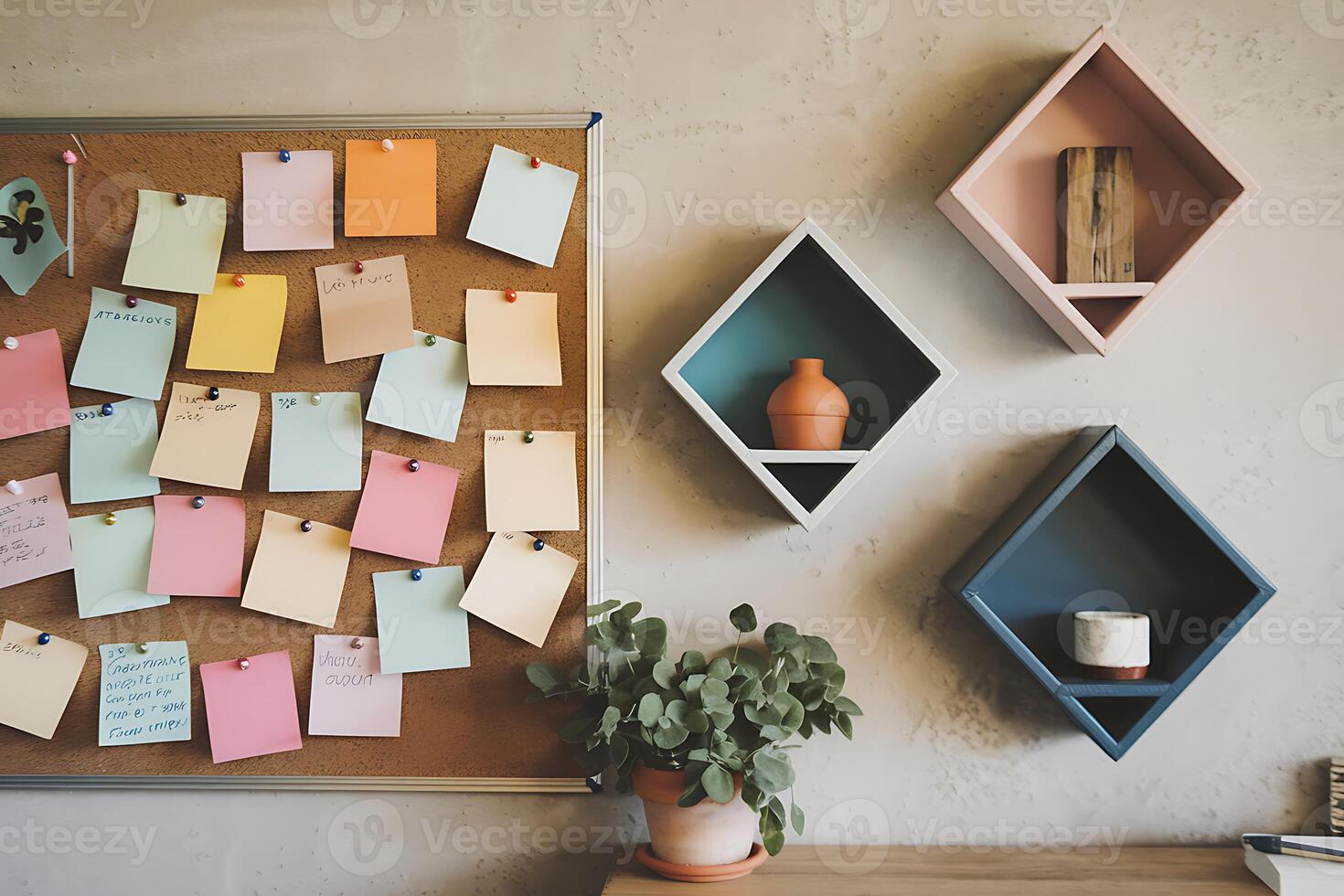 A bulletin board with post-it notes on it photo