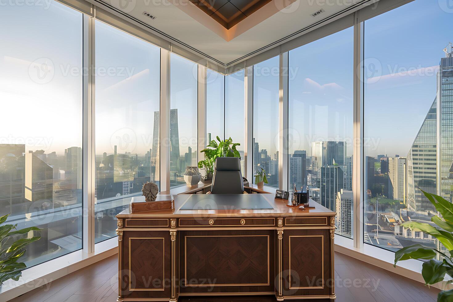 A desk with a plant on it in front of a window photo