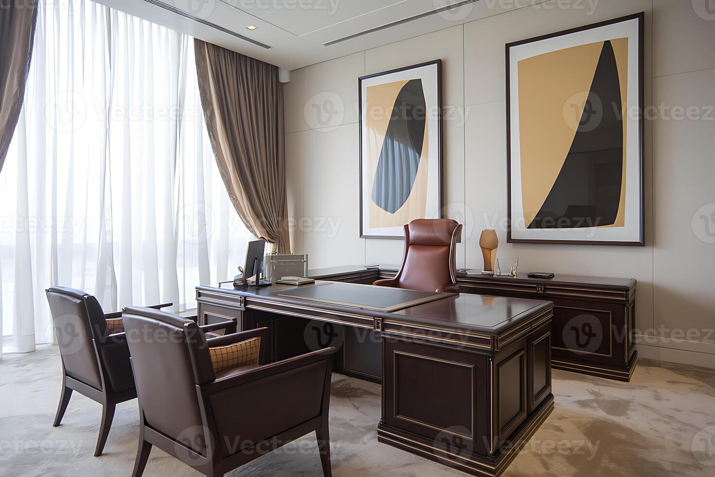 A large office with a desk and two chairs photo