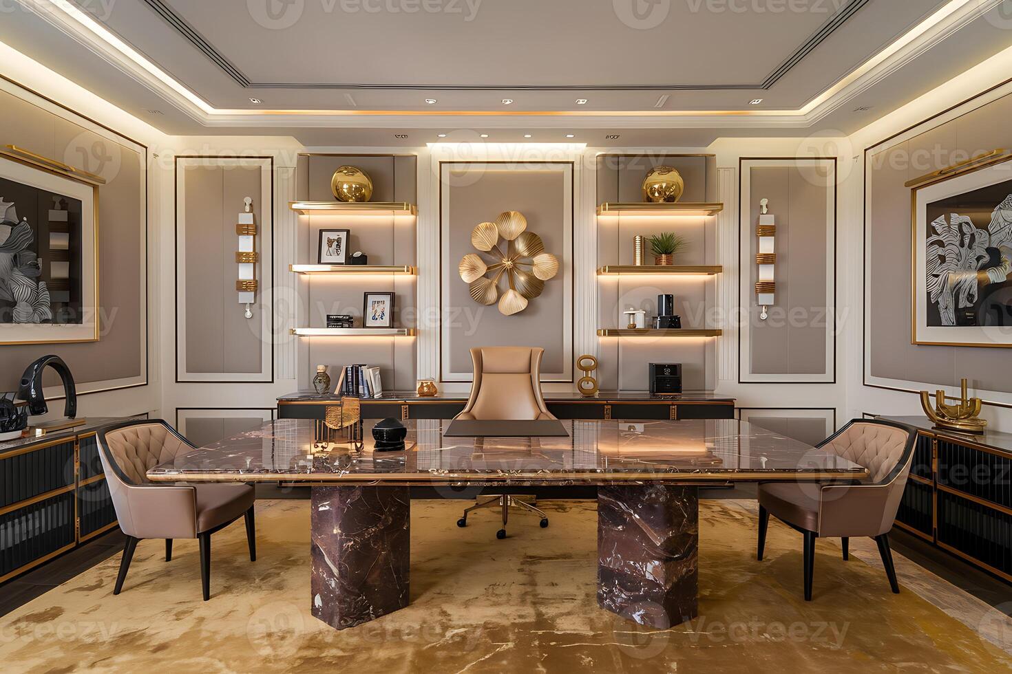 An elegant office with a marble desk and chairs photo