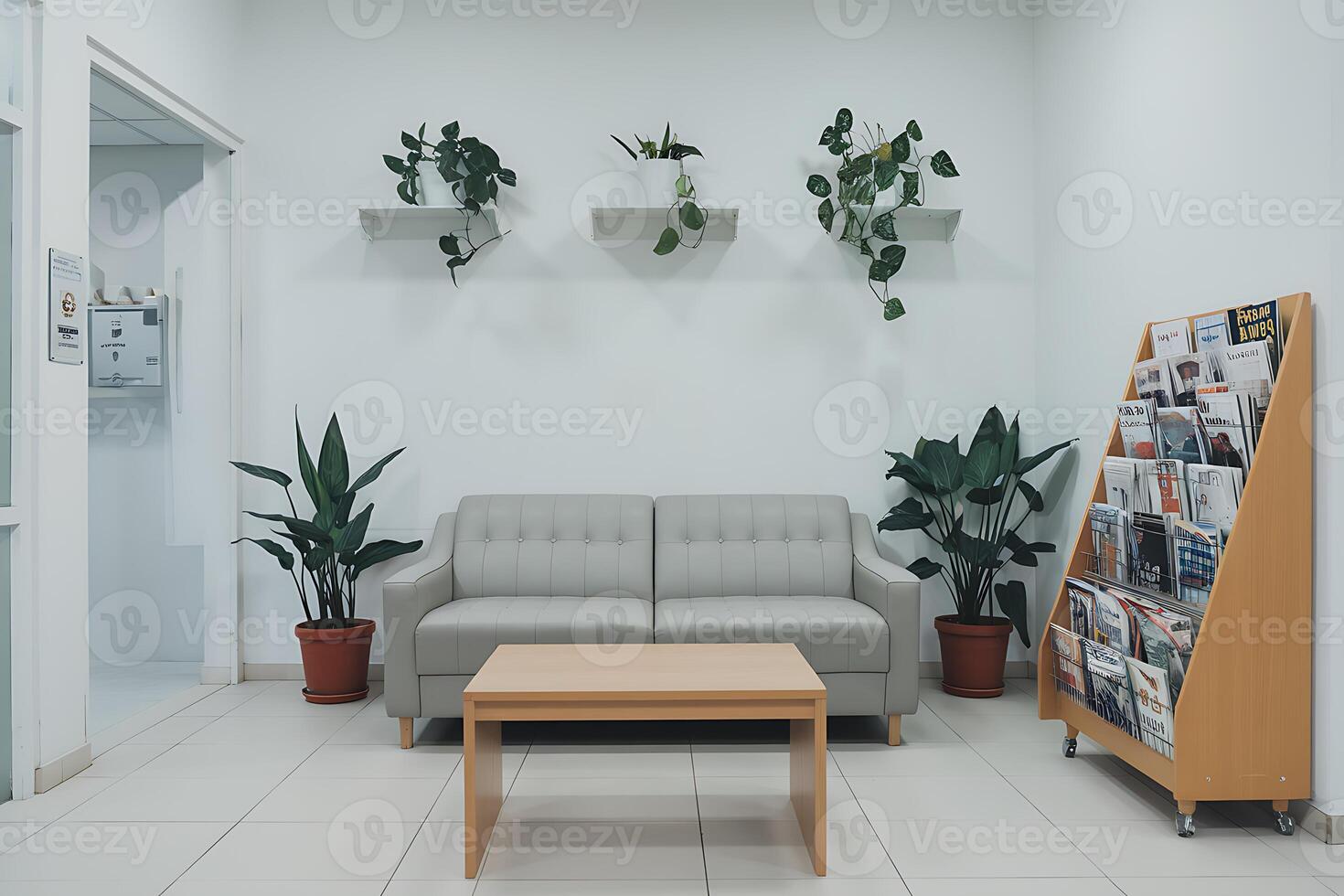 A room with a couch, a table, and a plant photo