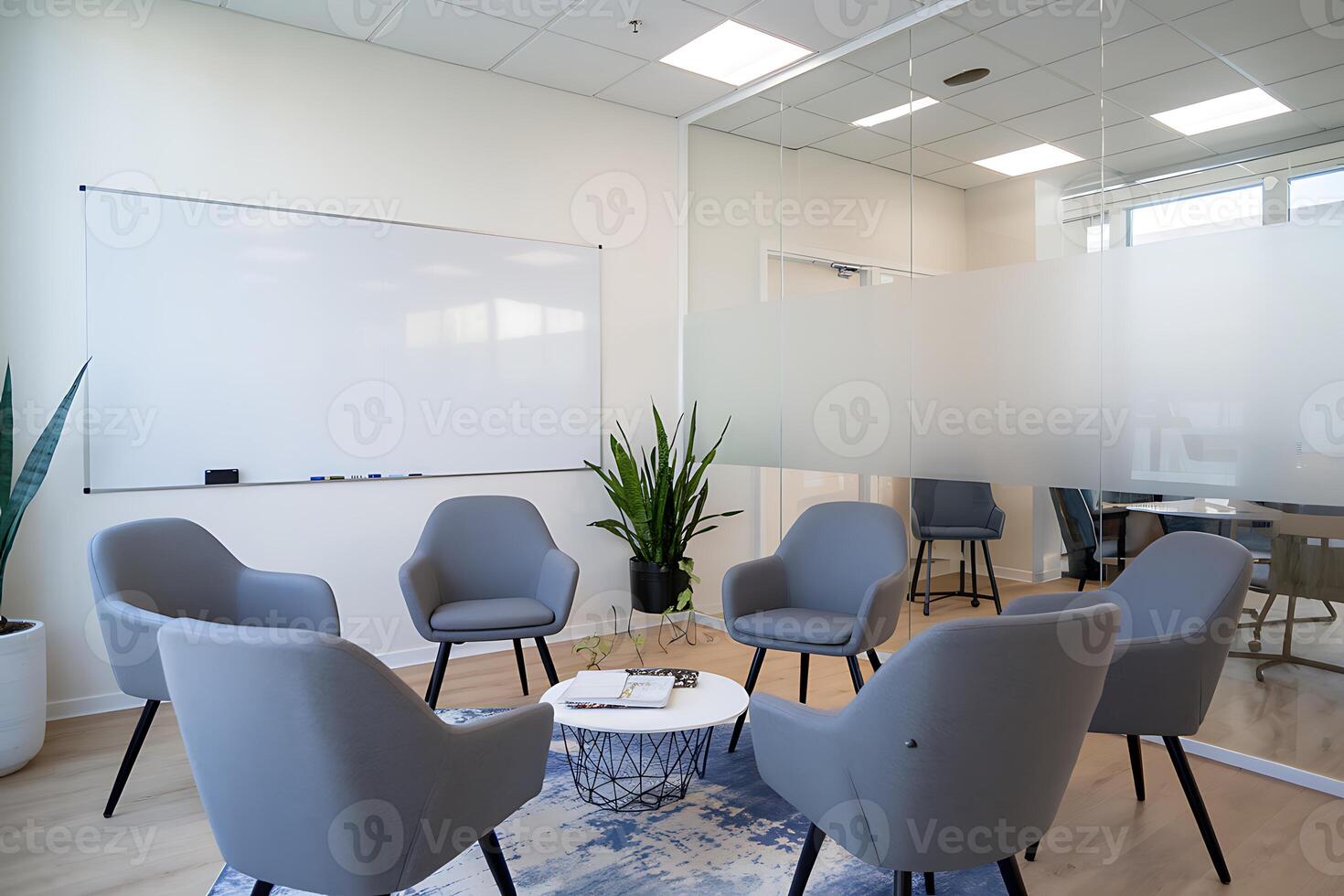A meeting room with chairs and a white board photo
