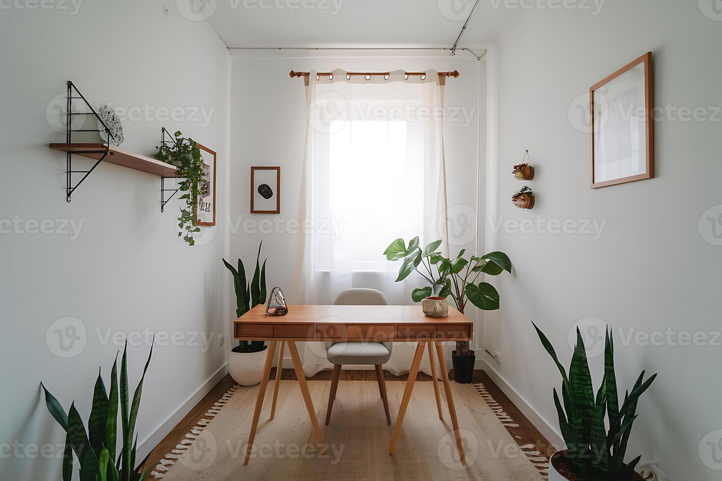 A small room with a desk, plants and a window photo