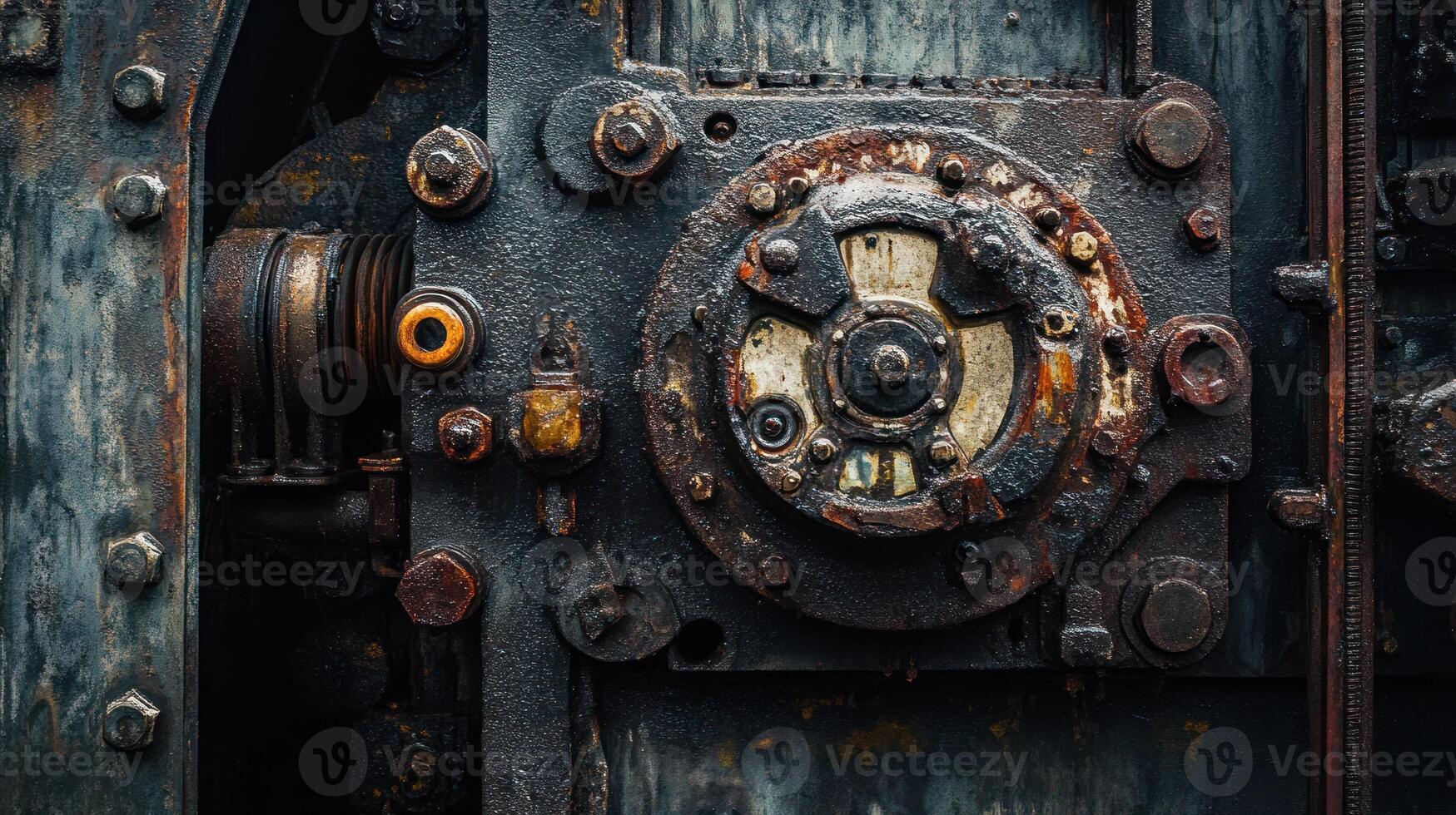 Close-up of an Industrial Machine's Rusty Gear and Components photo