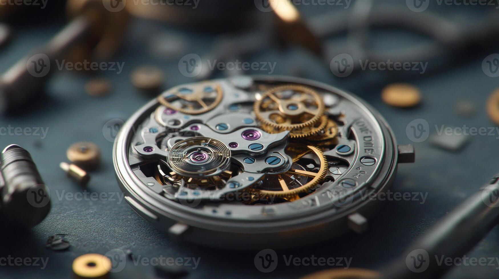Close-up of a Mechanical Watch Movement with Gears and Springs photo