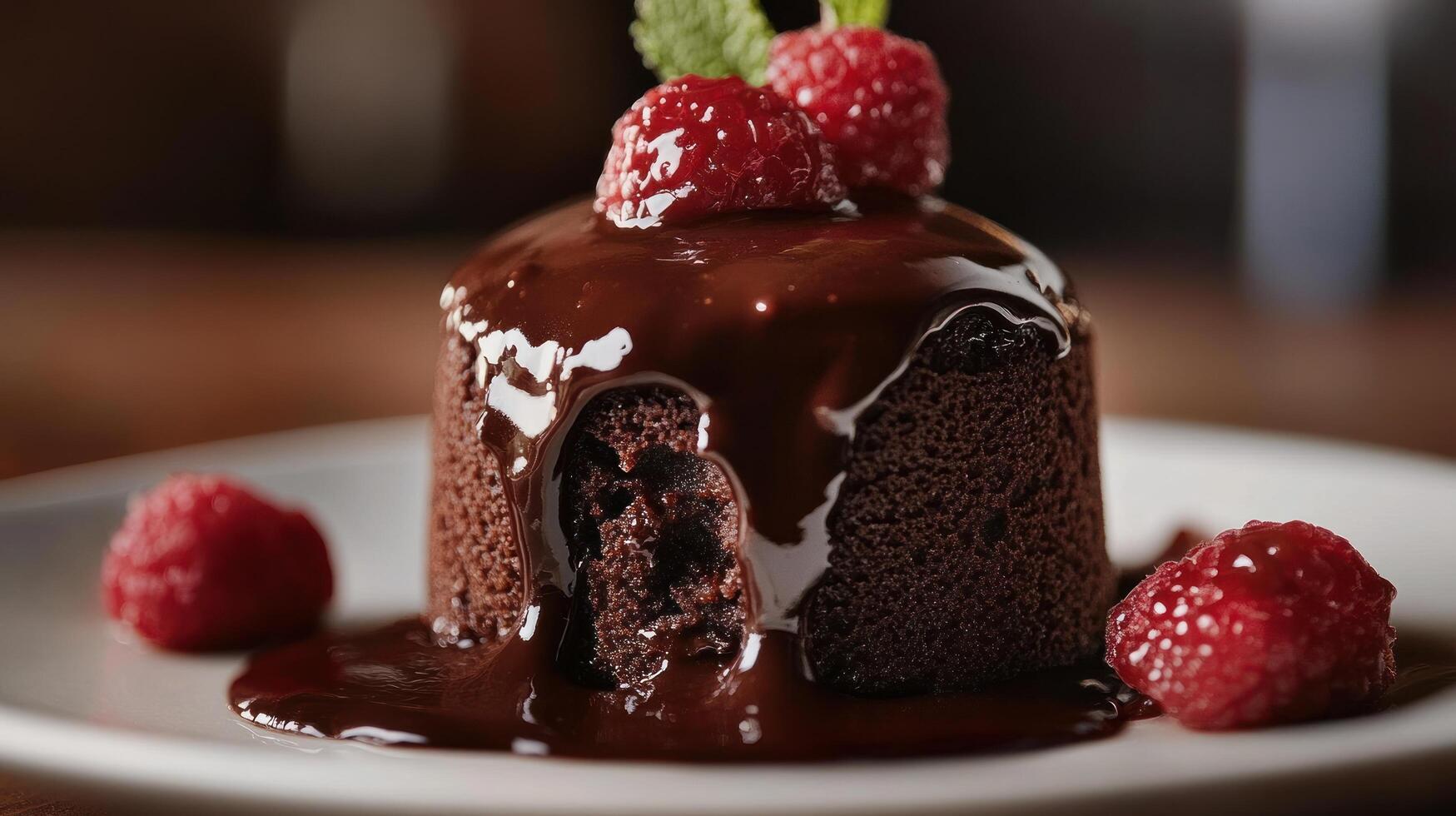 Chocolate Lava Cake with Raspberries and Chocolate Drizzle photo