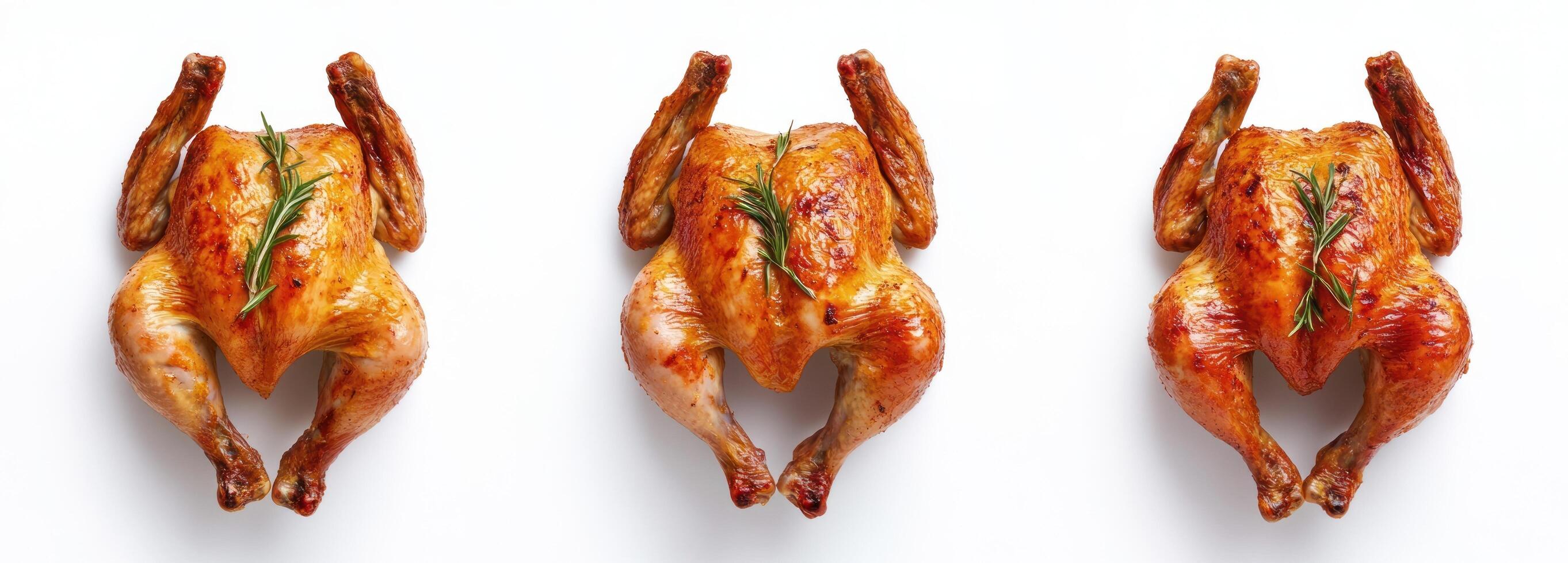 Three Roasted Chickens with Rosemary Garnish on White Background photo