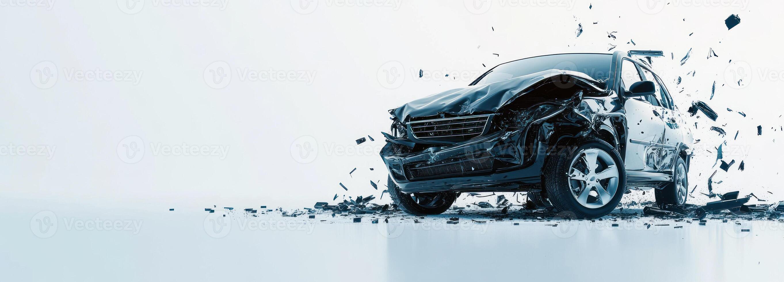 A Black SUV with a Crushed Front End and Scattered Debris photo