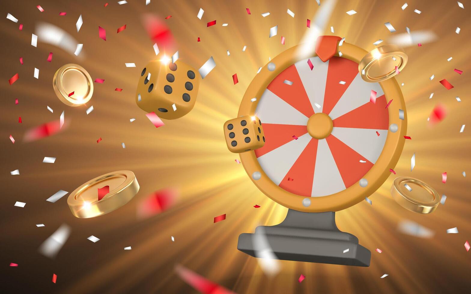 Realistic 3d casino game concept. Wheel of fortune, dice, golden coin, confetti. Gambling concept. illustration vector