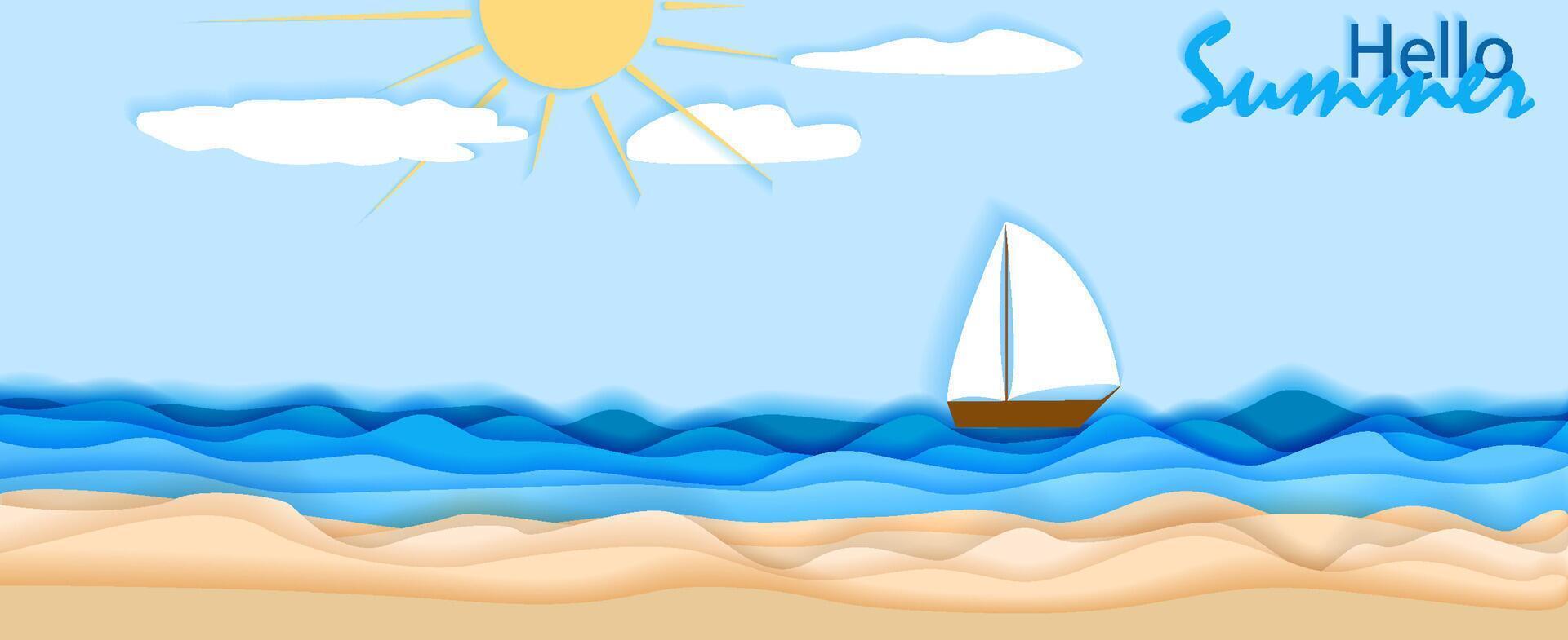 Bright sunlight beams down on a tranquil beach where soft sand meets gentle waves. A sailboat glides peacefully along the horizon, capturing the essence of summer leisure and tourism. Paper cut style vector