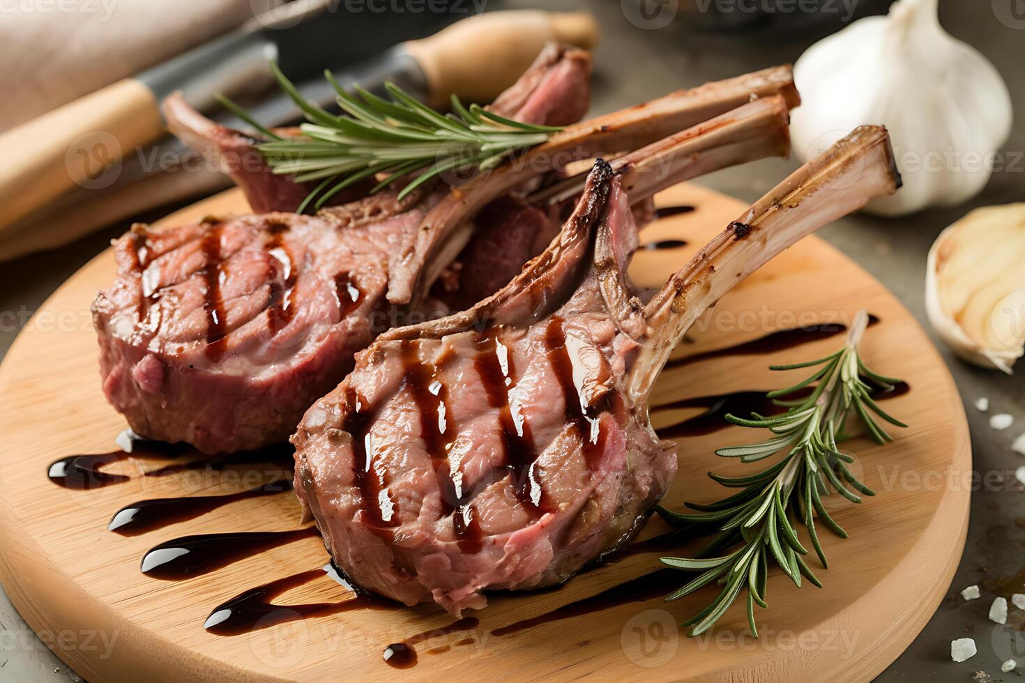 Grilled lamb chops with rosemary and garlic on a wooden cutting board photo