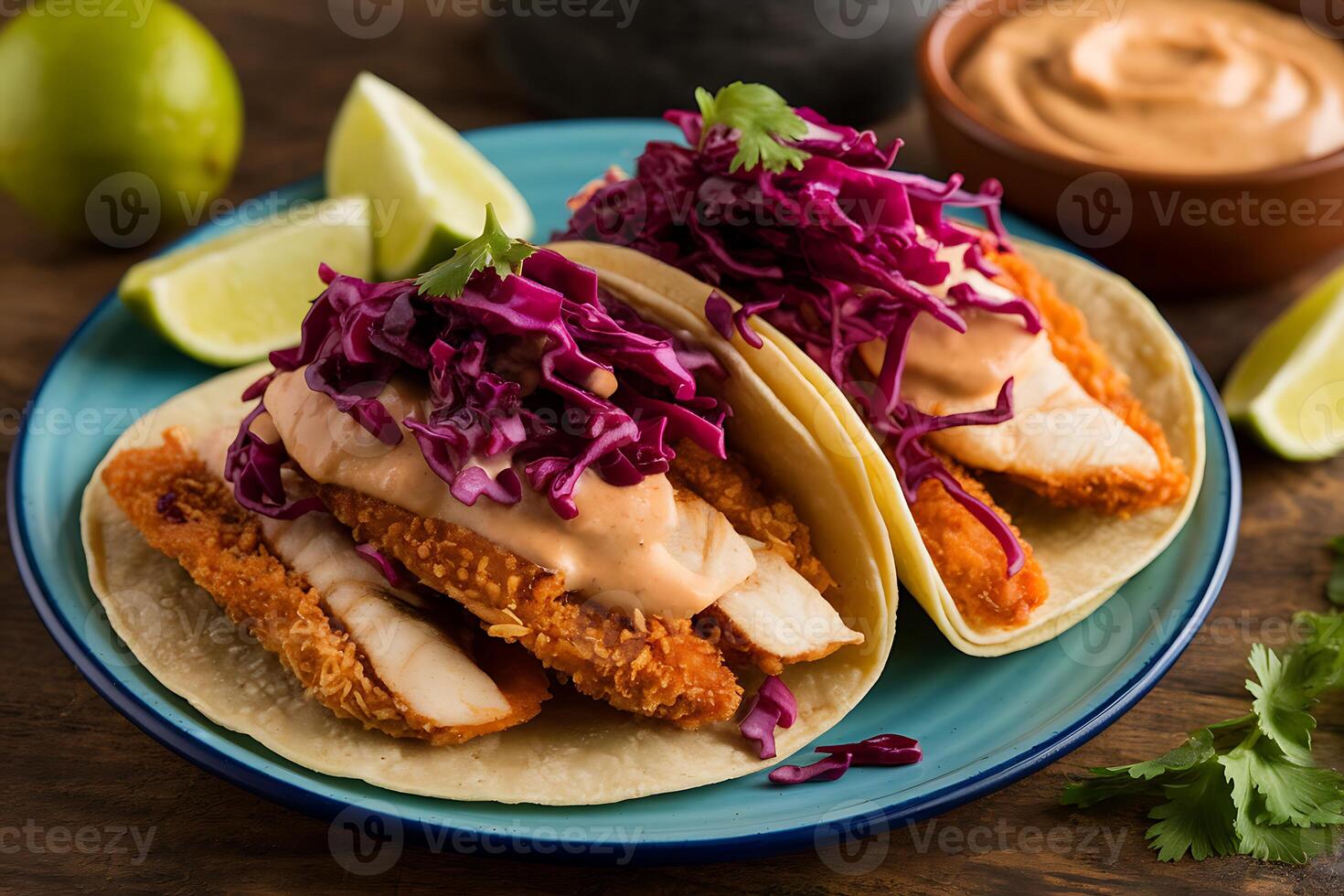 Two fish tacos with red cabbage slaw and lime wedges photo