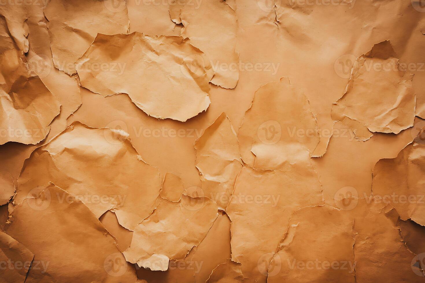 A brown paper wall with torn pieces of paper photo