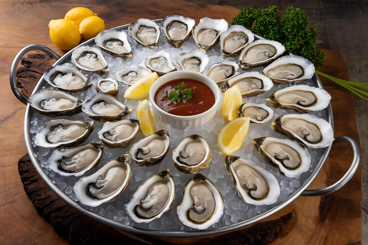 A platter of oysters on ice with a dipping sauce photo