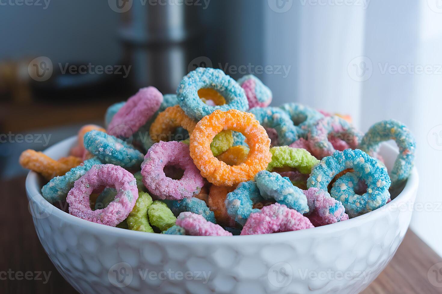A Bowl of Colorful Sugar-Coated Cereal Rings photo