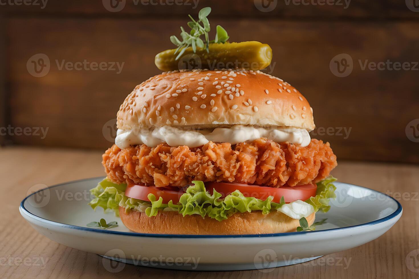A Delicious Crispy Chicken Burger with Sesame Seed Bun photo