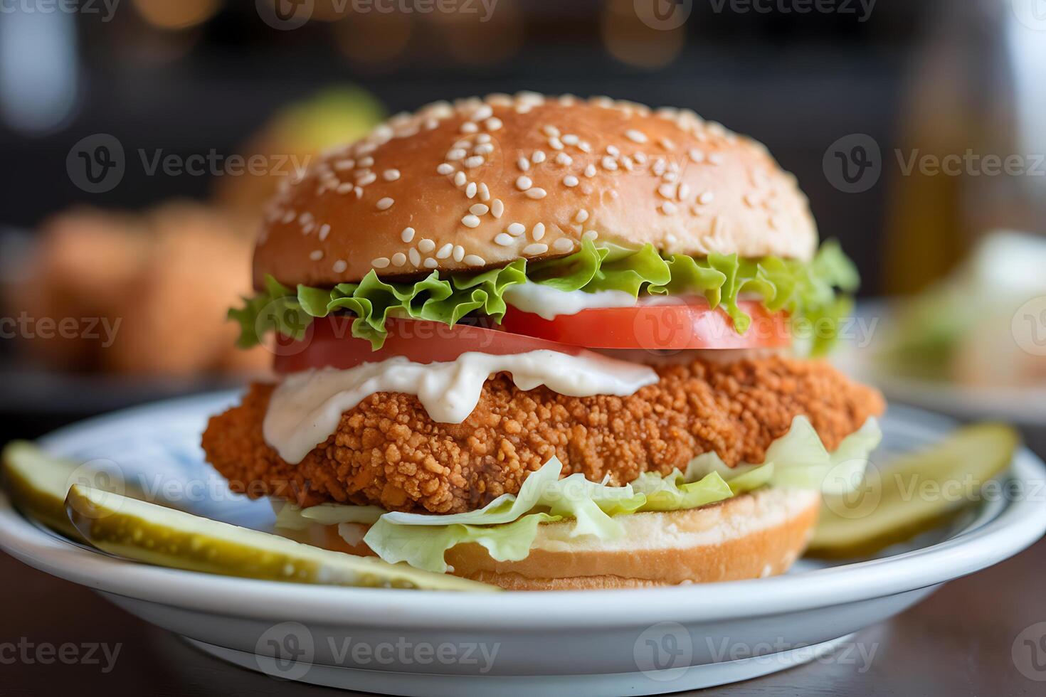 Crispy Fried Chicken Sandwich with Creamy Sauce and Pickles photo