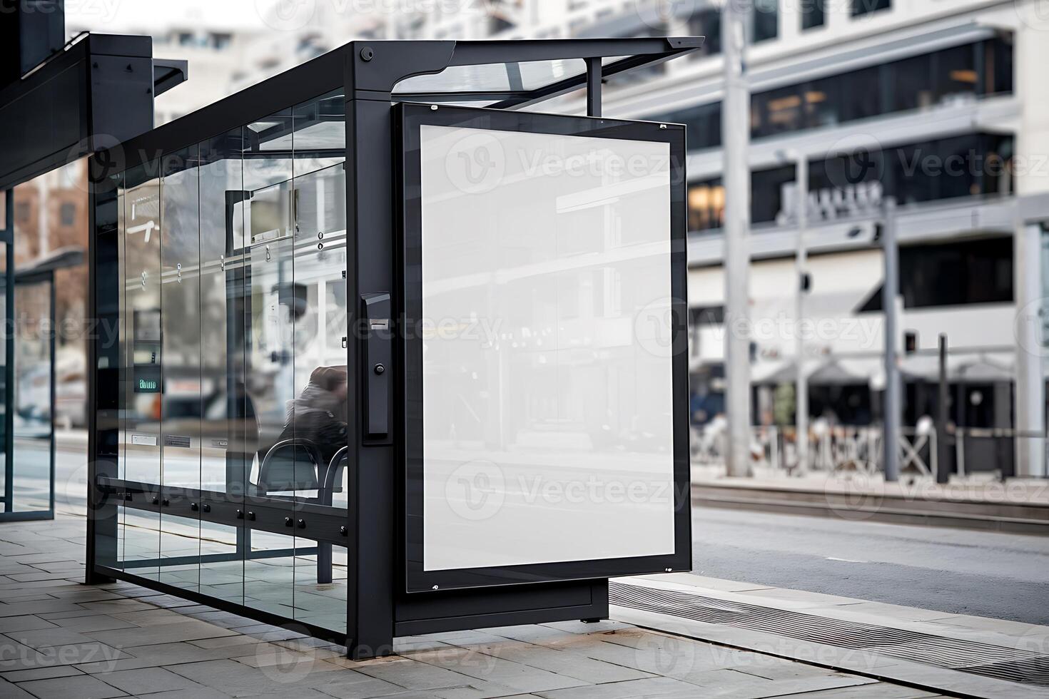 Modern City Bus Stop with Blank Advertising Billboard photo