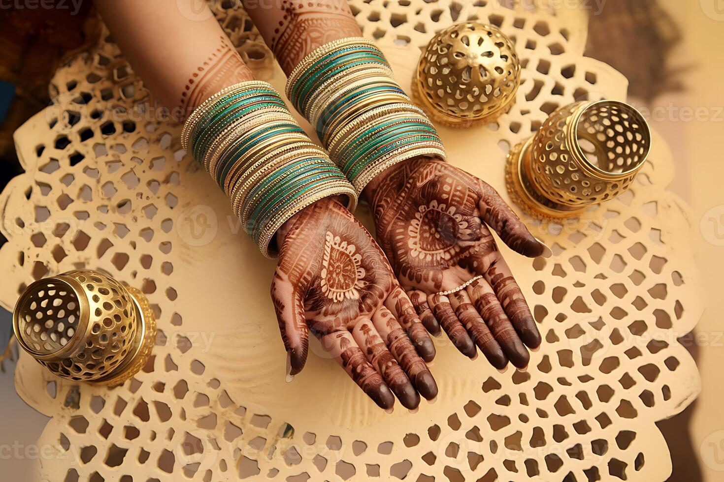 Beautifully Adorned Hands with Intricate Mehndi and Elegant Bangles photo