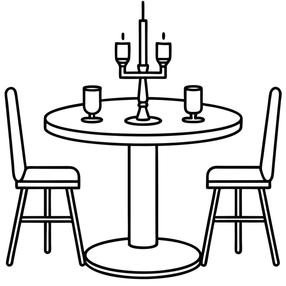 A black and white drawing of a table and chairs vector