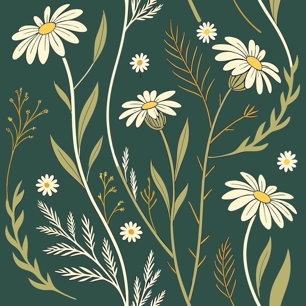 Seamless pattern with daisies and grasses vector