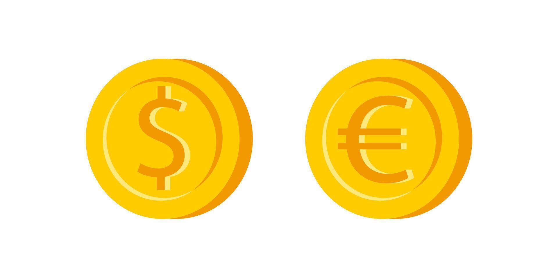 Set icons of golden coin in flat style. Dollar and Euro. vector