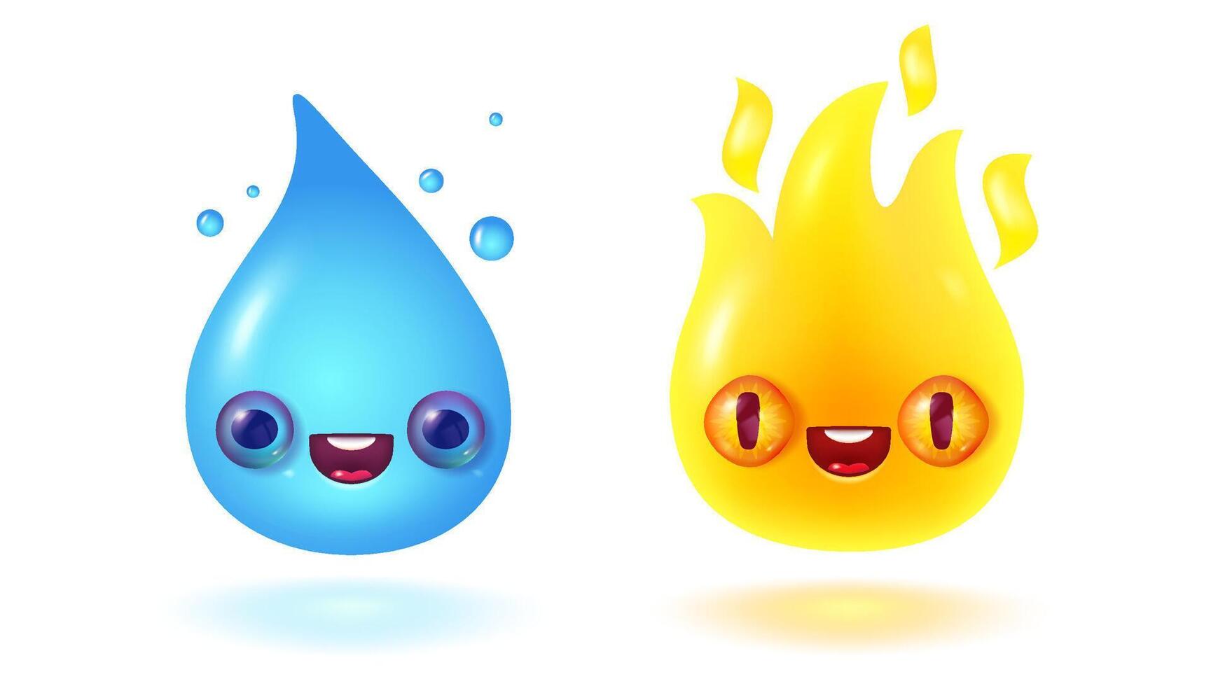 Illustration of water drop and fire flame in 3D style with kawaii face. Icon of rain drop and fire in realistic style. Kawaii nature emoji for game. vector