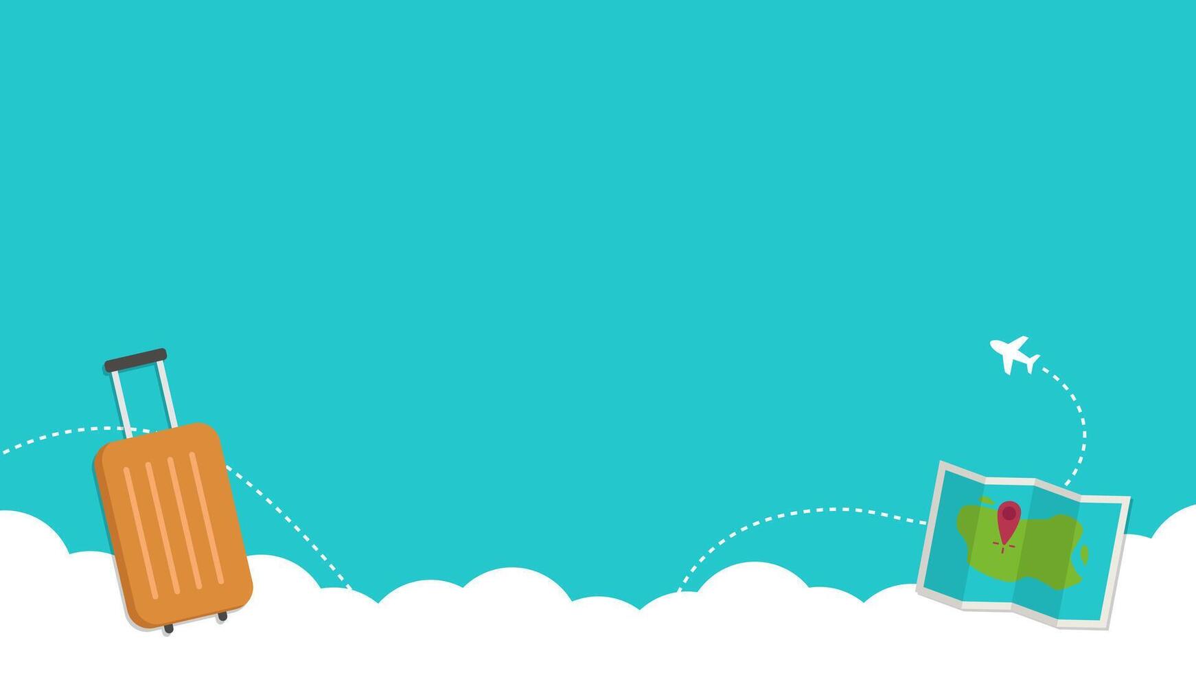 Travel copy space template background with baggage and map floating on white clouds vector