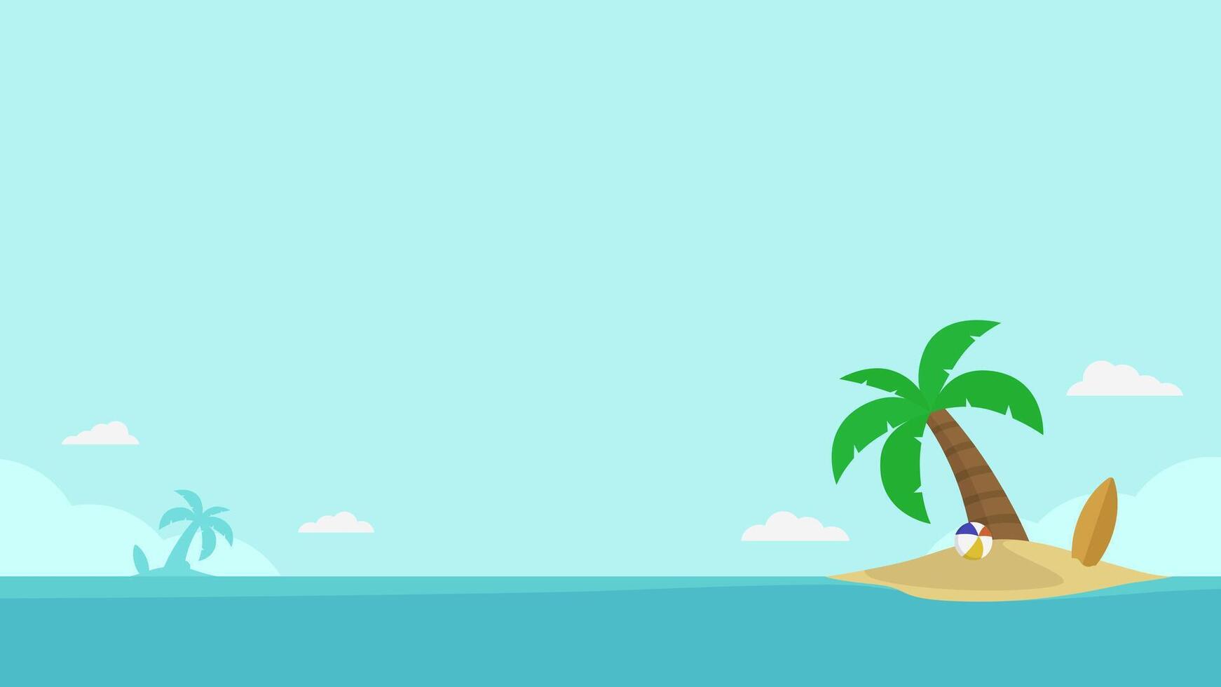 Island scenery flat illustration background. Flat beach landscape with surfboard, coconut tree, and beach ball vector