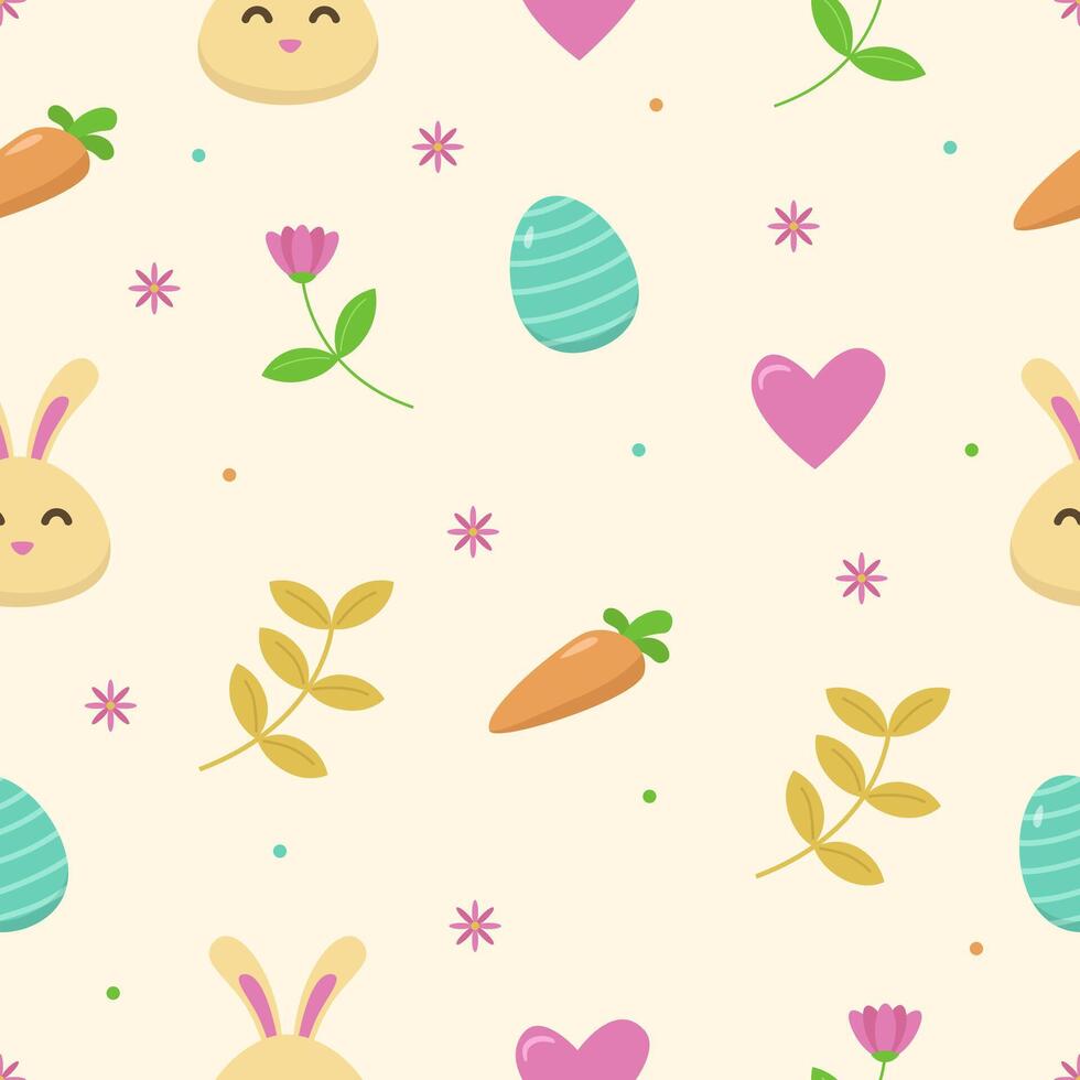 Yellow Easter seamless pattern template illustration with heart, leaves, rabbit, carrot, and egg in colorful design vector