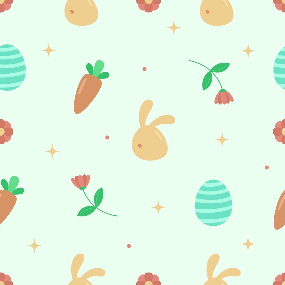Spring Easter seamless pattern for wrapping paper with rabbit, carrot, egg, and flower. Cute Easter pattern template illustration vector