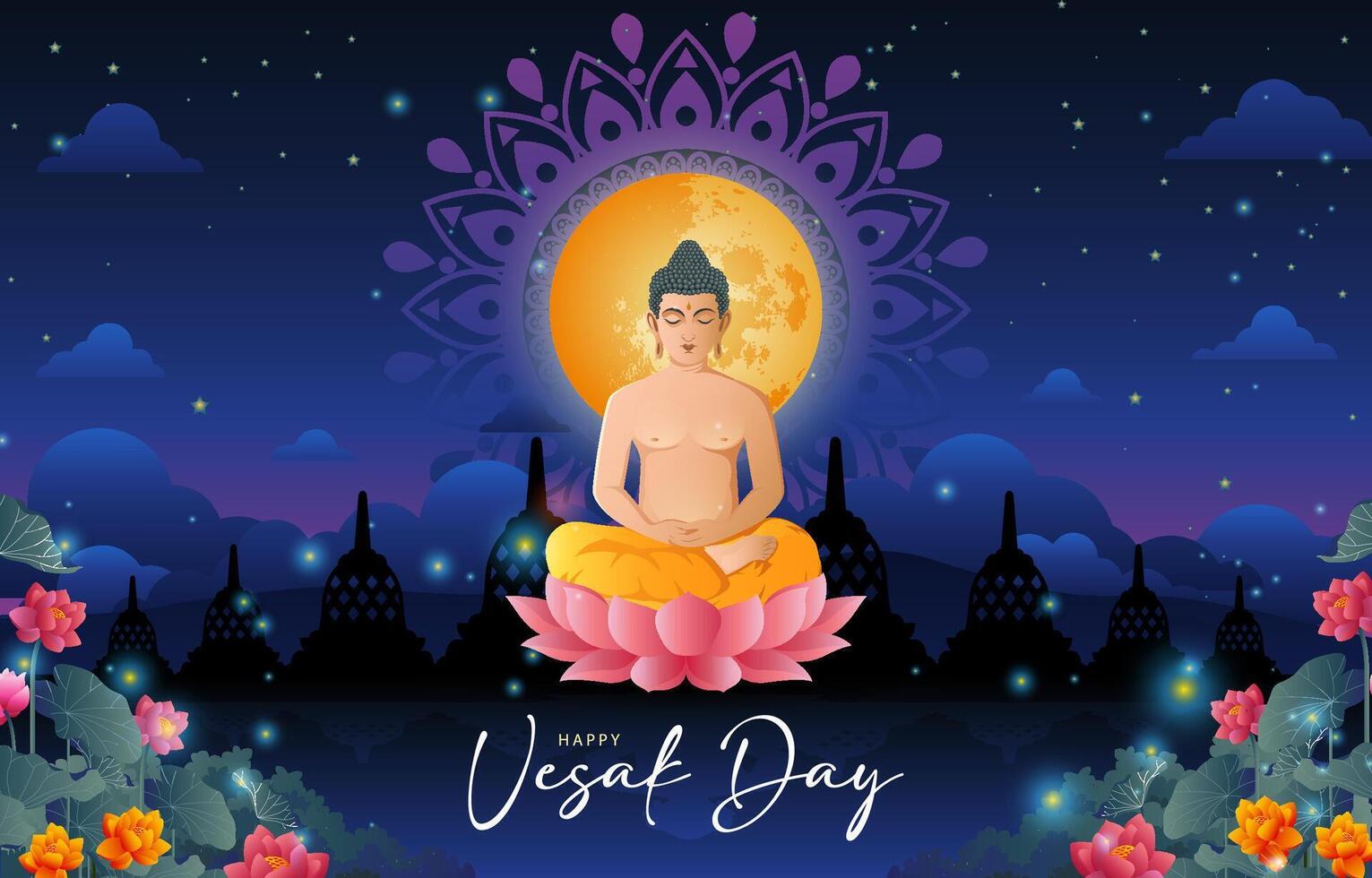 happy vesak day illustration with lord budha meditation in the night and lake background vector