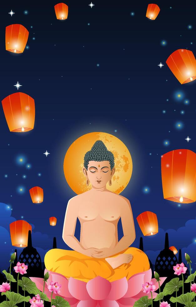 happy vesak day vertical poster banner with lord budha meditation in the night vector