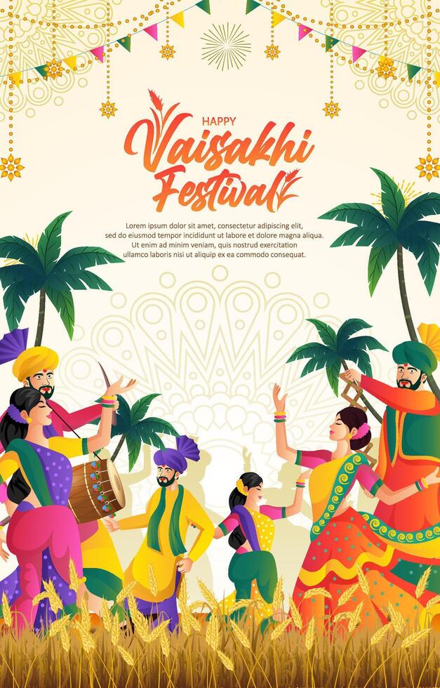 Happy Vaisakhi festival vertical background with happy india people dancing vector