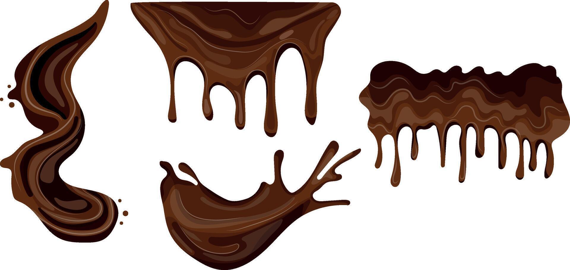 set of melted dark chocolate in various shapes and in different states, for various backgrounds or as part of a design vector