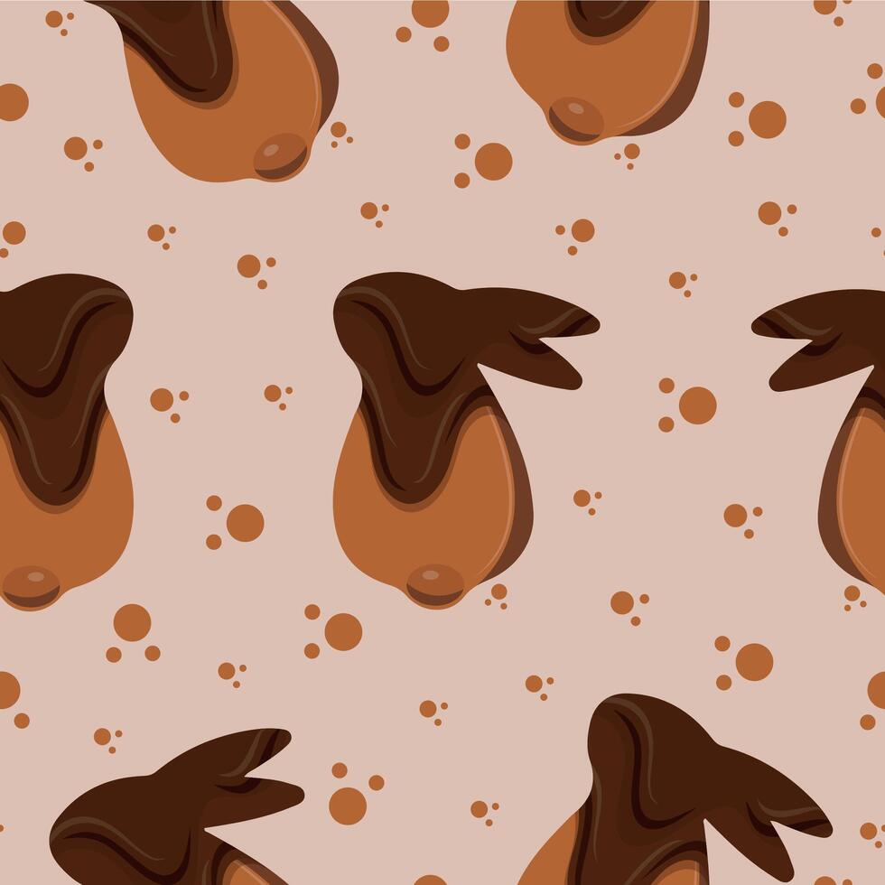 seamless pattern with gingerbread cookies in the shape of a rabbit with small ears and a round tail and covered with dark chocolate on a brown background, for various Easter decorations vector