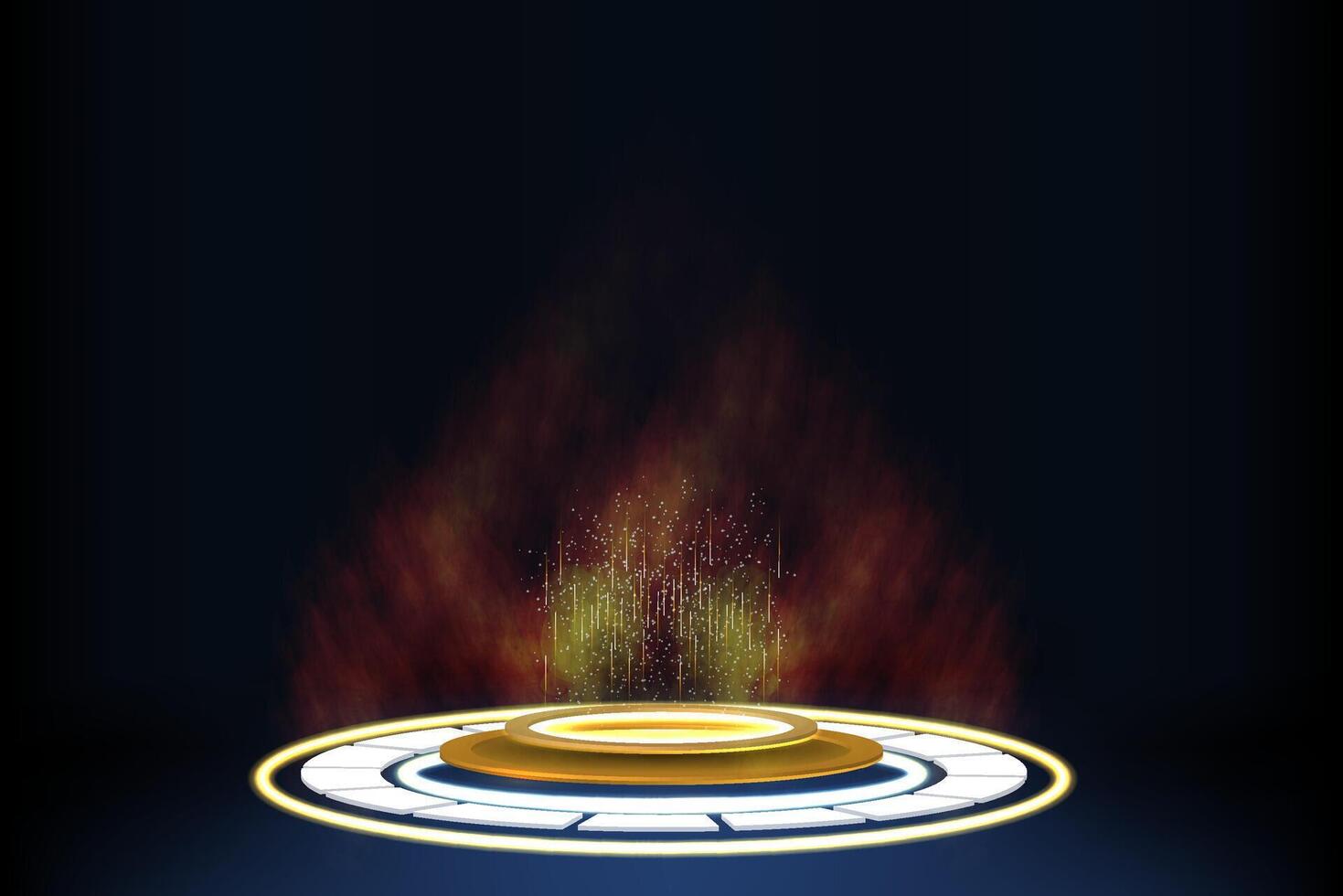 Glow and sparks rise from a mystical circle during a powerful energy manifestation in a dimly lit space. vector