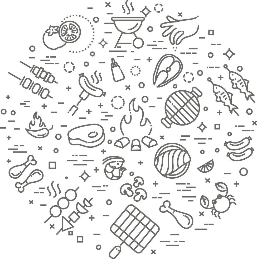Barbecue Flat Line Icons vector