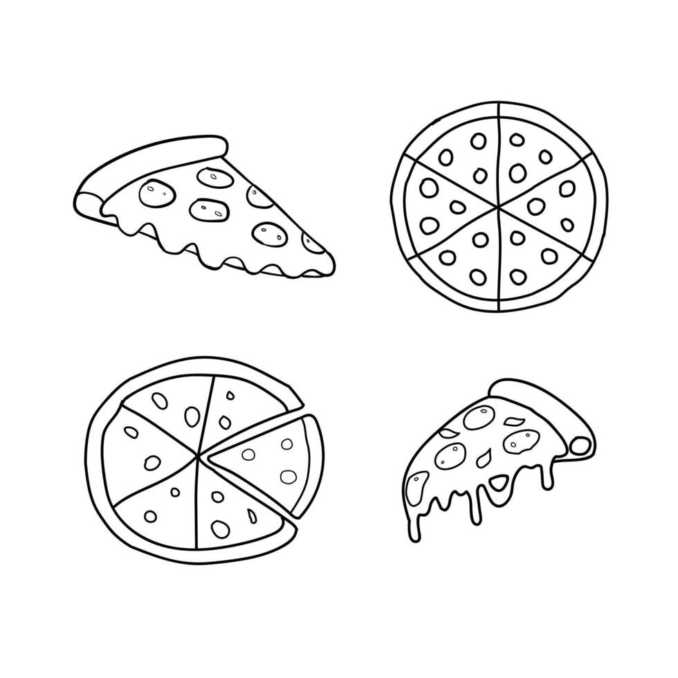 Set of pizza doodle, sliced pizza pieces and ingredients. vector