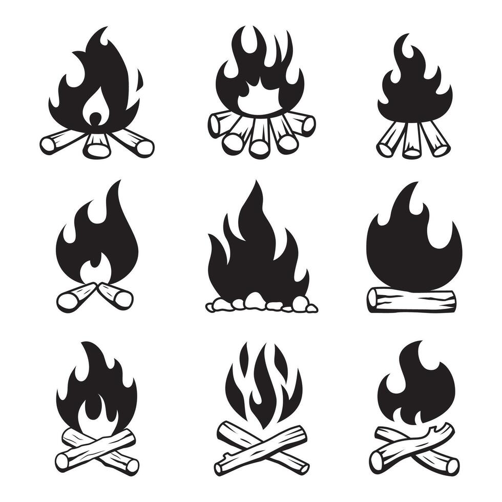 Campfire silhouettes with stylized fire and wood log combinations vector