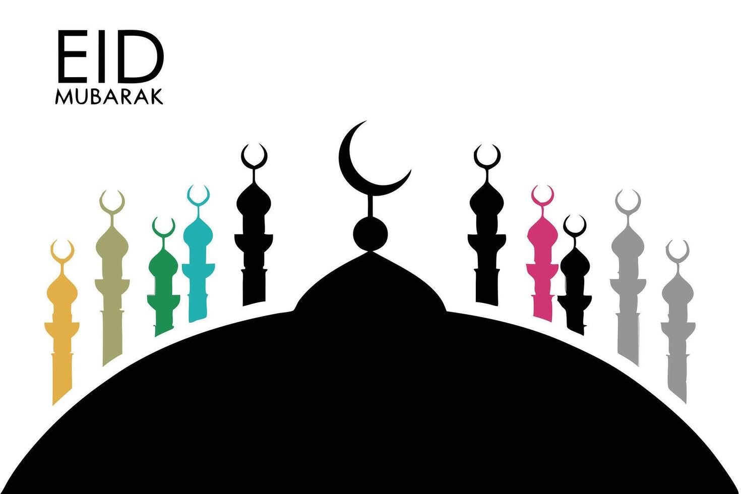 Bright and colorful Eid Mubarak card with mosque, crescent moon, and Islamic decorations, perfect for the festive holiday celebration vector