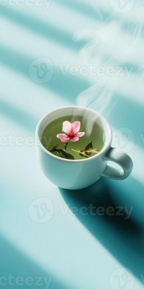 Minimalistic flat lay of white ceramic cup with flower and tea on blue background photo